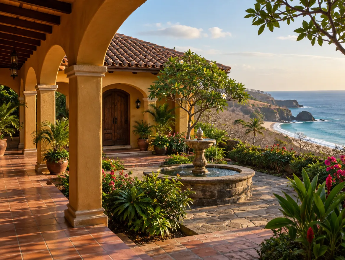 Colonial-style beach home with arched corridor